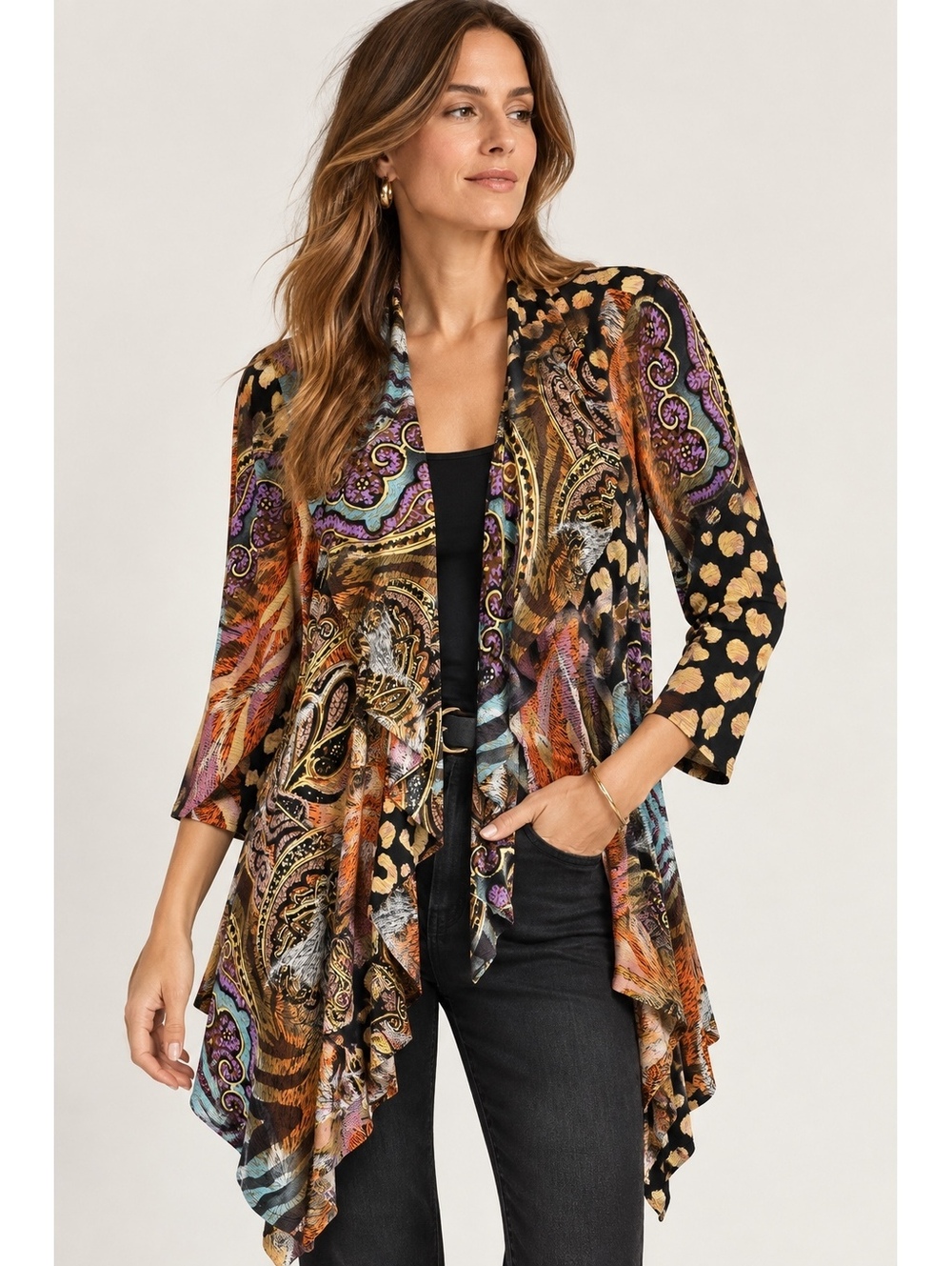 Frank Lyman Cardigan Size 16 Animal Paisley Print Draped Open Front Made Canada